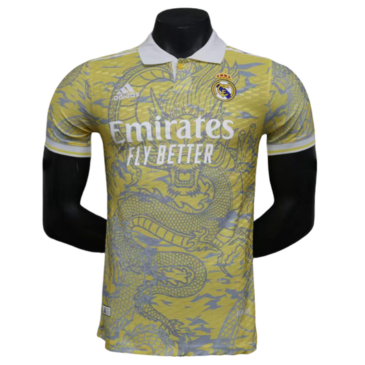 Real Madrid Men's Polo Shirt Dragon Pattern Yellow Jersey 25-26